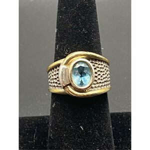 Sterling silver 925 wrap around buckle fold over ring oval topaz textured w/gold